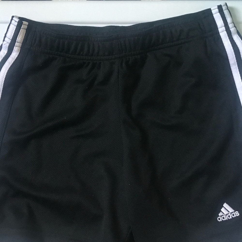 Ladies Small Black Adidas Shorts. Shorts are black with 3 stripes down sides EUC
